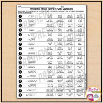 Simplifying Radicals with Variables Coloring Printable and Digital ...