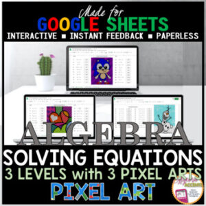 Google Sheets Digital Pixel Art Math Solving Equations with 3 Levels