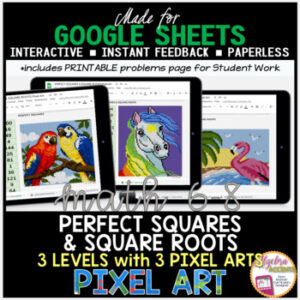 Perfect Squares and Square Roots Digital Pixel Art Activity