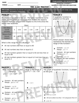 Algebra 1 STAAR TEKS A.6A Domain and Range of Quadratic Functions ...