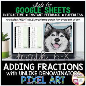 Adding Fractions with Unlike Denominators Digital Pixel Art Math Activity