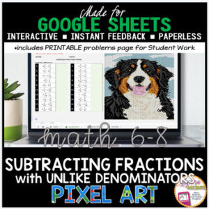 Subtracting Fractions with Unlike Denominators Digital Pixel Art Math Activity